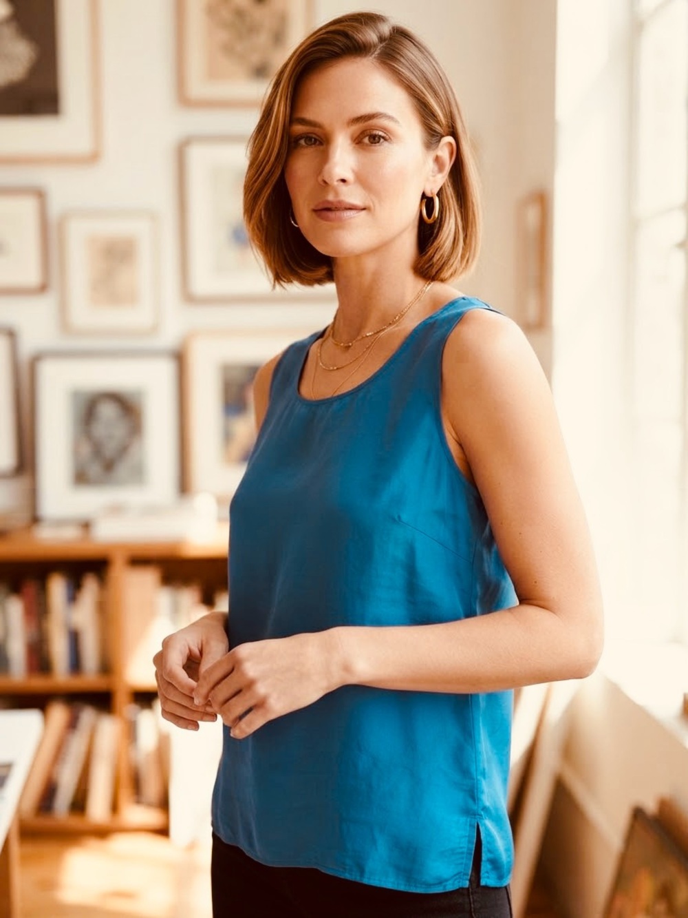 Silk Scoop Neck Tank Top M/L Teal